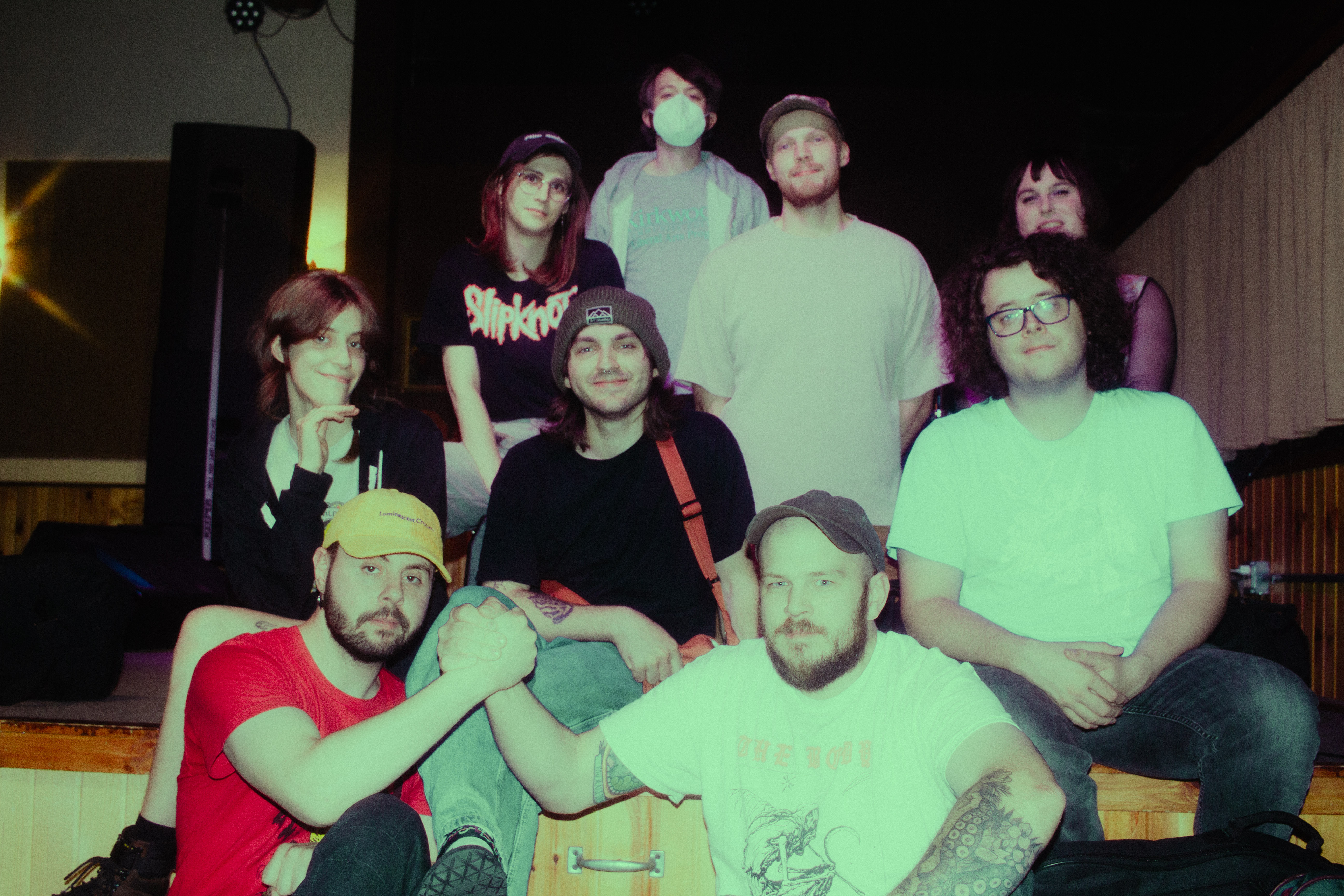 fend, malamiko, .em, and the sound guy (i forgot their name sorry!) standing on stage after the final show of tour - photo by aeryn of early girl