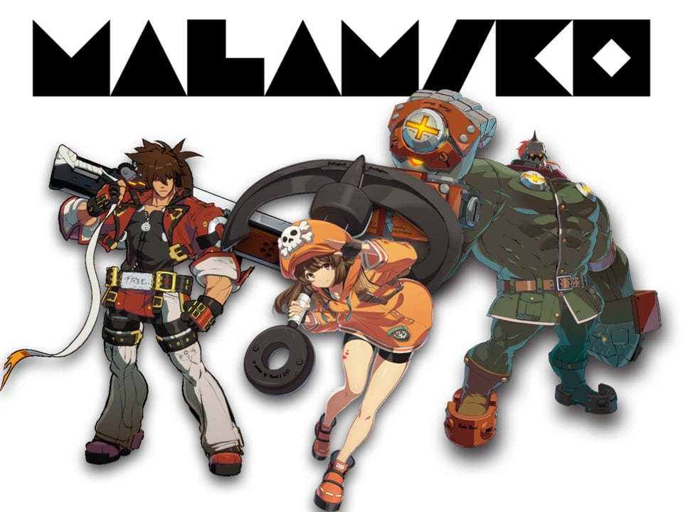guilty gear characters standing in a row with the malamiko logo above them. left to right: sol badguy, may, potemkin