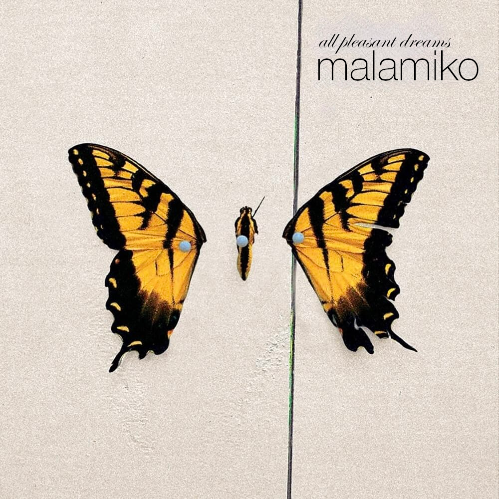 album cover to paramore's album "brand new eyes" with the text replaced: "all pleasant dreams - malamiko" - the cover is a butterfly with its wings ripped off pinned to a wall in three pieces