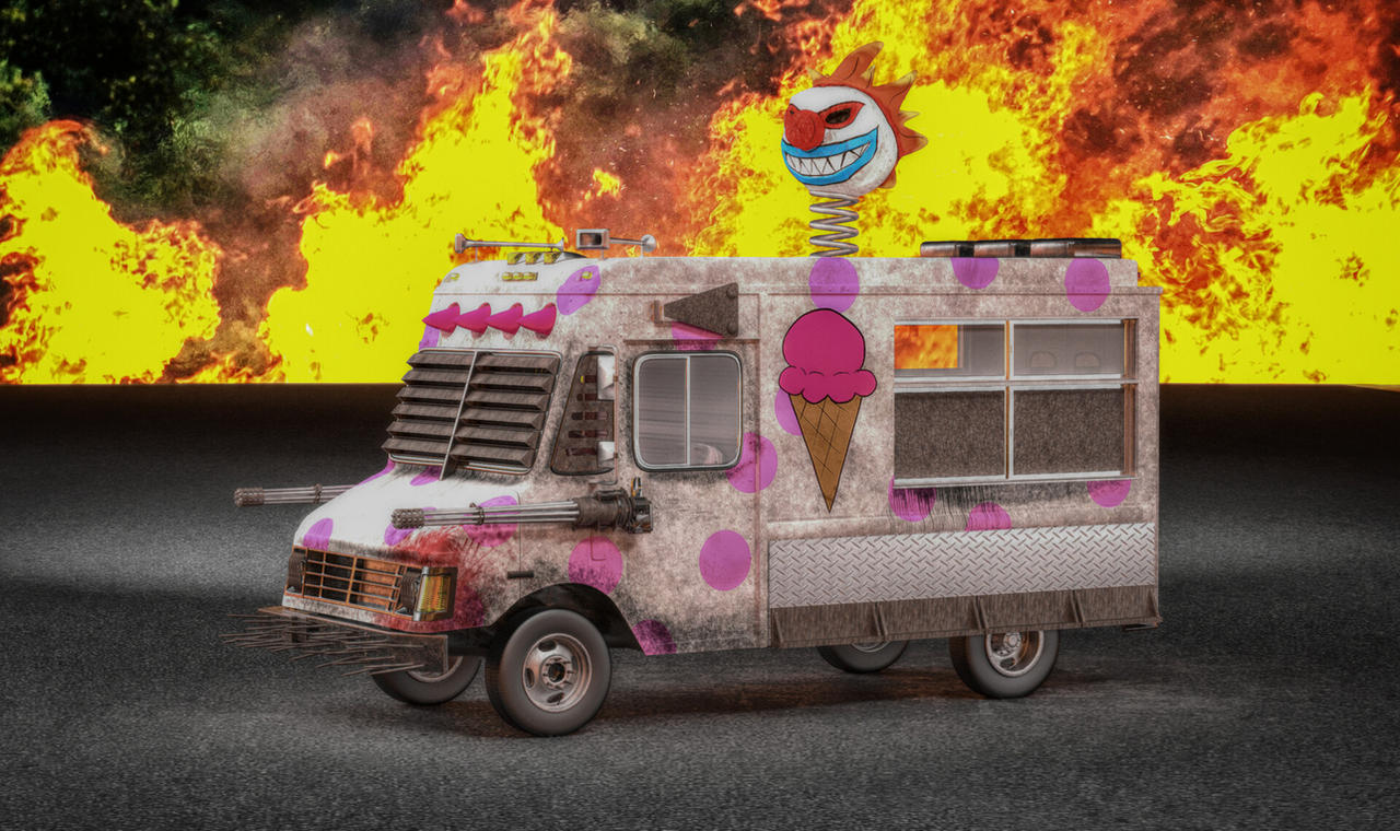 okay picture an ice cream truck with guns and spikes strapped to the front and also a scary clown head with fiery orange hair on the top of the truck and also the background of the image is just a bunch of flames